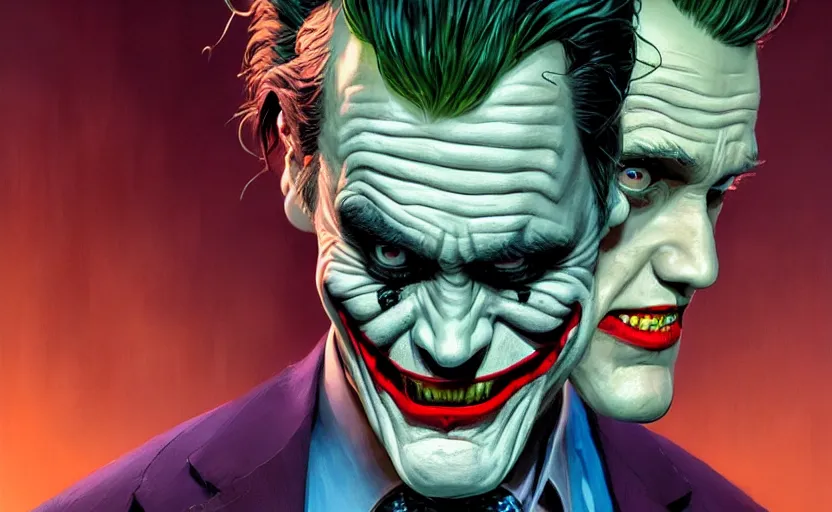 Image similar to highly detailed portrait of jim carrey as the joker wearing a suit, in batman comic book, stephen bliss, unreal engine, fantasy art by greg rutkowski, loish, rhads, ferdinand knab, makoto shinkai and lois van baarle, ilya kuvshinov, rossdraws, tom bagshaw, global illumination, radiant light, detailed and intricate environment