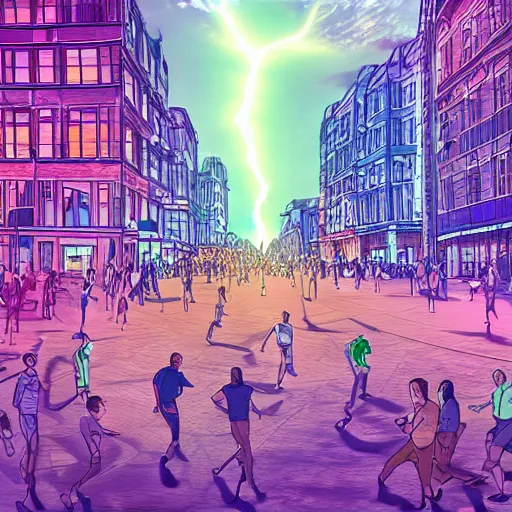 Prompt: landscape of people running away scared from crypto logos standing in the city, digital drawing, beautiful lightning, dribbble art, hyperdetailed, hdr, 8 k