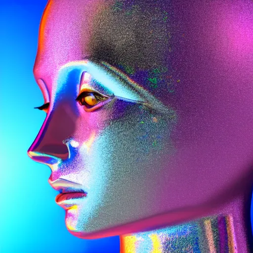 Image similar to 3d render of holographic human robotic head made of glossy iridescent, surrealistic 3d illustration of a human face non-binary, non binary model, 3d model human, cryengine, made of holographic texture, holographic material, holographic rainbow, concept of cyborg and artificial intelligence