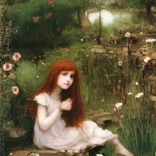 Image similar to fairy garden, beautiful, magical, young girls, ginger haired sweet girl, black haired goth girl, john william waterhouse, ethereal