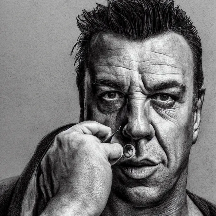 Image similar to portrait of till Lindemann. Detailed pencil drawing. trending on artstation, very coherent symmetrical artwork. He's eating a tomato. He cosplays thanos. cinematic, hyper realism, high detail, iridescent accents