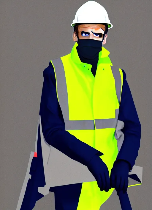 Image similar to emmanuel macron wearing hivis coat, hard hat and rubber gloves, digital art