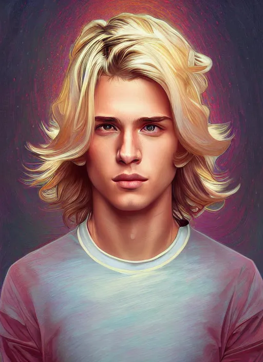 Image similar to handsome young man with shoulder length blond hair, half body shot, path traced, highly detailed, high quality, digital painting, alena aenami, lilia alvarado, shinji aramaki, karol bak, alphonse mucha, tom bagshaw