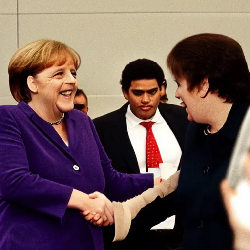 Image similar to angela merkel shaking hands with michael jackson while screaming and shouting