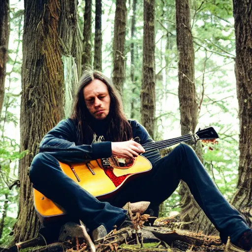 Prompt: Photograph Of Longhair male playing guitar in forest