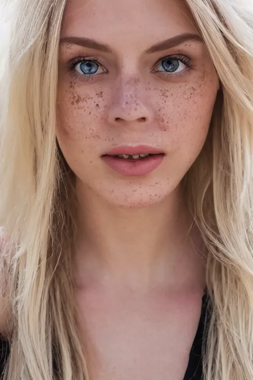 Image similar to 2 4 year old professional blonde female wearing white v - neck top, neck zoomed in, photo realistic, extreme detail skin, light freckles, no filter, slr, golden hour, 4 k, high definition, photograph, selfie