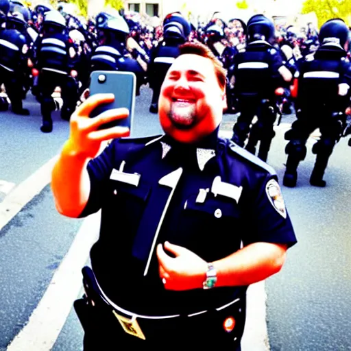 Image similar to chubby cop takes a smiling selfie in front of a riot, high detail, full focus, time magazine 2 0 2 2