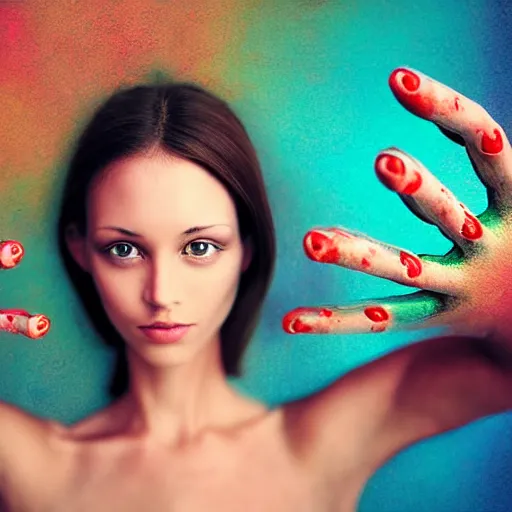 Image similar to striking digital photo of a beautiful four arms female model with an extra pair of arms and four hands. beautiful half - length portrait, cool background, photorealistic, surreal anatomy