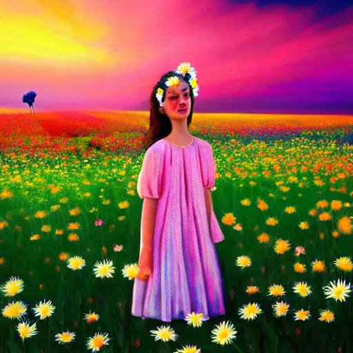 Image similar to full body daisy flower head girl standing in a flower field, her head is hidden behind the huge daisy flower,. surreal photography, sunrise, dramatic light, impressionist painting, colorful clouds, digital painting, artstation, simon stalenhag