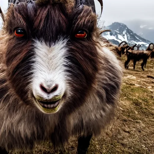 Image similar to horror photography, cinematic, daytime, wide shot, mutant goat monster with a mouth crammed full of sharp teeth, filthy matted fur and mountain goat horns, village square