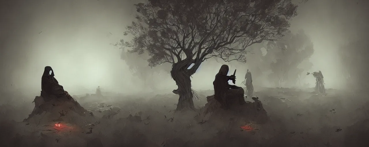 Image similar to duotone noir illustration of bald merchant demon sitting below willow tree in medieval brown tunic. hundreds of people silhouettes floating in air the foggy background. dark dream atmosphere, by sachin teng and sergey kolesov and ruan jia and heng z. graffiti art, scifi, fantasy, hyper detailed. octane render. concept art. trending on artstation