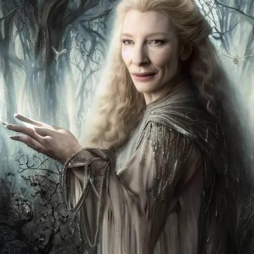 Prompt: portrait of ((mischievous)), baleful Cate Blanchett as Galadriel! as a queen of fairies, dressed in a beautiful silver dress. The background is a dark, creepy eastern europen forrest. night, horroristic shadows, high contrasts, lumnious, theatrical, character concept art by ruan jia, thomas kinkade, and J.Dickenson, trending on Artstation