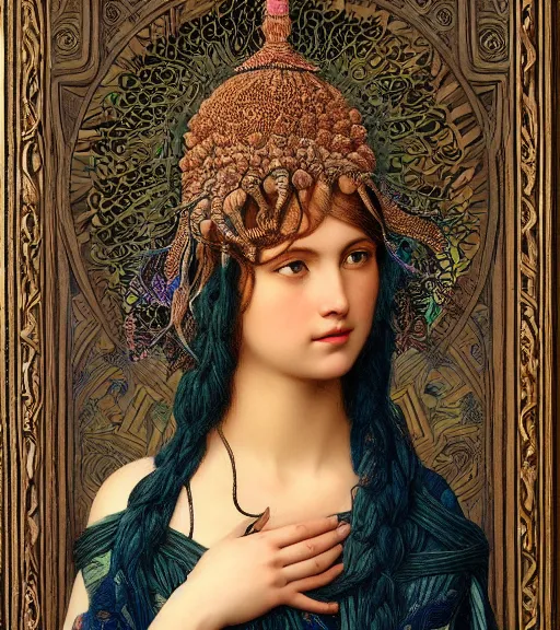 Prompt: portrait of a beatiful young goddess with intricate jellyfish headdress, dark background, intricate hyper detailed art by john william godward and ernst haeckel and james jean