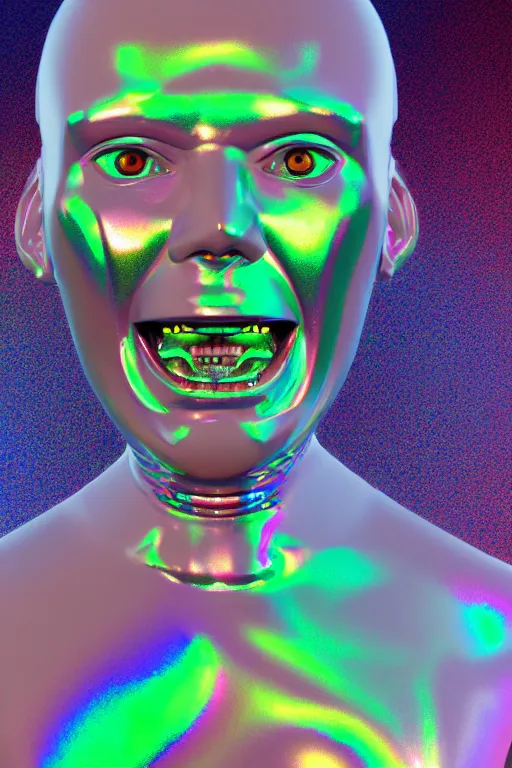 Image similar to 3d render of holographic angry human robotic screaming angry bust made of glossy iridescent, screaming, bust, surrealistic 3d illustration of a human non-binary, non binary model, 3d model human, cryengine, made of holographic texture, holographic material, holographic rainbow, concept of cyborg and artificial intelligence