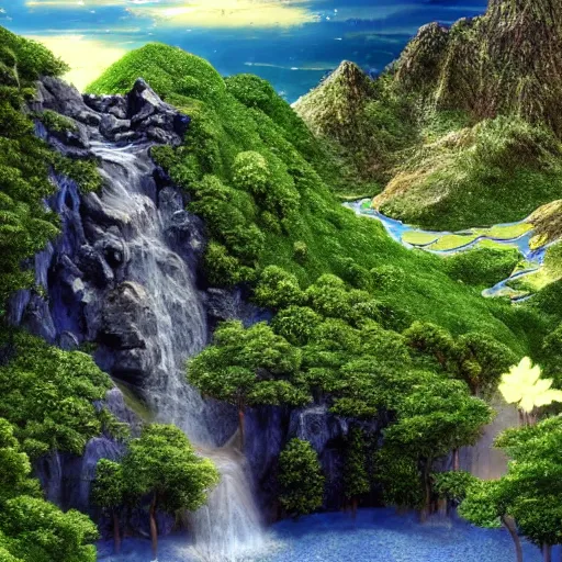 Image similar to photorealistic fantasy digital art depicting a very - distant aerial view of : at the peak of the world's tallest mountain is a small pond. a waterfall is falling from the pond down to the base of the mountain into a lake. the waterfall is unbelievably tall, and the mountain is extremely steep and narrow. there is a city surrounding the lake.