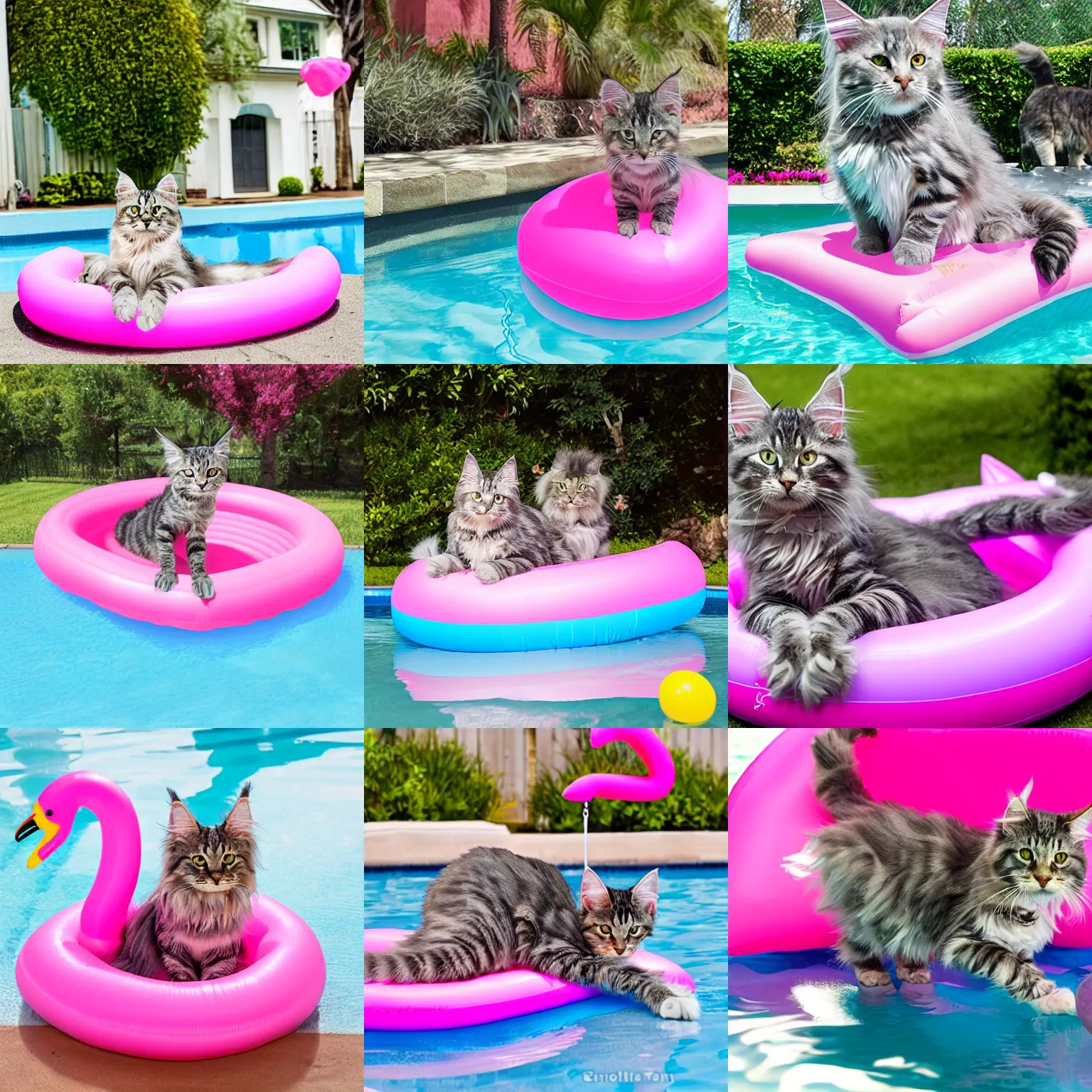 Prompt: tabby silver Maine Coon cat on pink inflatable flamingo in a pool
