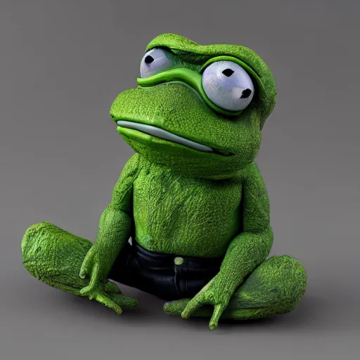 Image similar to perfectly accurate miniature figure of pepe the frog wearing jeans and a black leather jacket, soft textures, skin texture, clothing, 3d sculpture, textured, fine detail, lifelike, photo, high resolution, octane render, post processing, after effects, trending on artstation