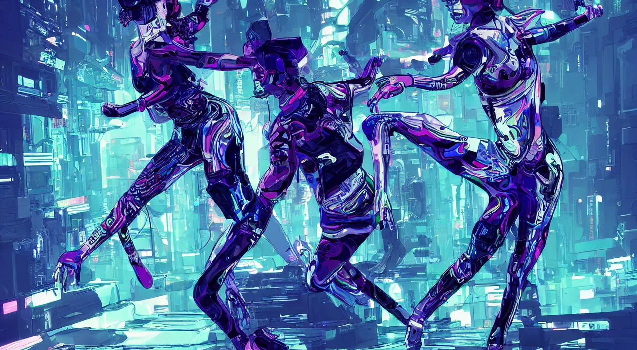 Prompt: a dancer wears futuristic clothes dances in a swirling wind by josan gonzalez, style of cyberpunk 2 0 7 7, trending on artstation
