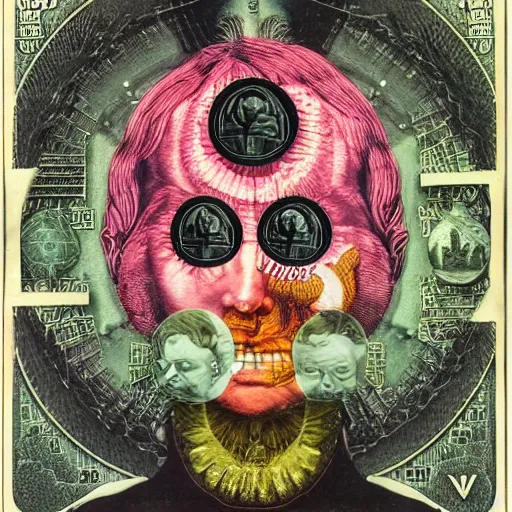 Image similar to post - punk new age album cover, asymmetrical design, dollar bank notes, capitalism, magic, apocalypse, psychedelic, black white pink, magic, giger h. r., giuseppe arcimboldo