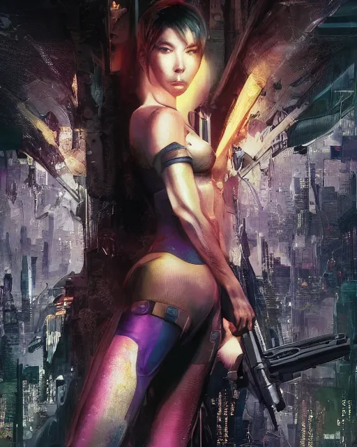 Image similar to weta disney pixar movie still portrait photo of motoko kusanagi the major ghost in the shell : : as cyborg woman by pixar : : by weta, wlop, ilya kuvshinov, rossdraws, artgerm, marvel, maxim cover, latex, octane render, sweaty, iridescent, bright morning, anime, liosh, mucha : :