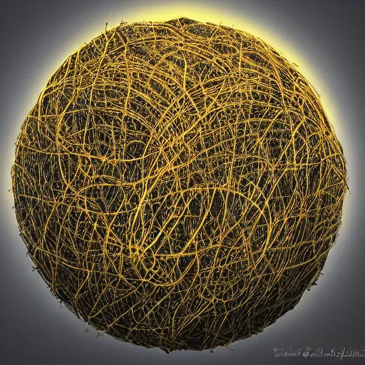 Image similar to almost abstract. it has both recognizable elements of nature and non - representational shapes. there's a nest - like object at the bottom, and two stick like objects. they extend up to a series of spherical shapes, one of them emitting a yellow light.