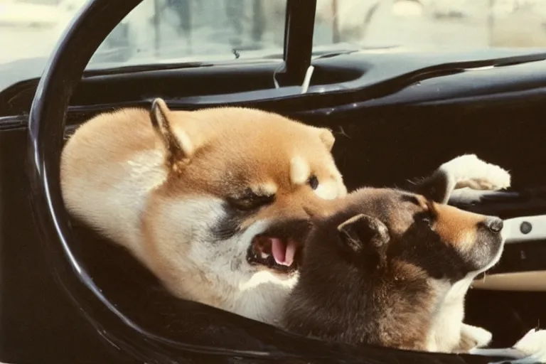 Image similar to picture of a shiba inu driving a car, 1 9 7 0 s