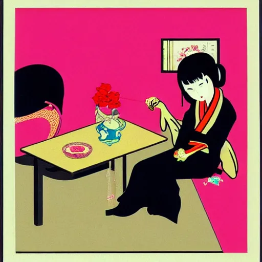 Image similar to Japanese beauty wrapped in a snake having tea with her husband by Toshio Saeki, high detailed