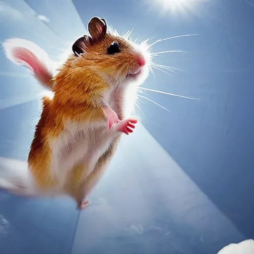 Image similar to a photo of a hamster flying using a jetpack while launching missiles at the camera