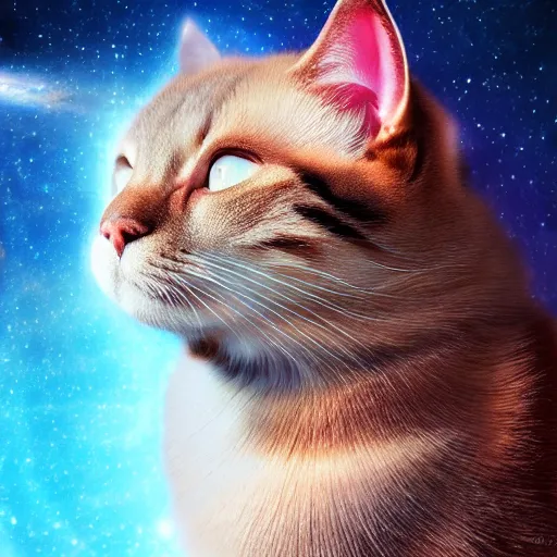 Prompt: cat wih eyes closed portrait blended with a celestial epic vibrant cinematic fantasy space image of a sparkling ethereal oceanic silky cosmic universe, celestial cosmos, nasa photos, artstation