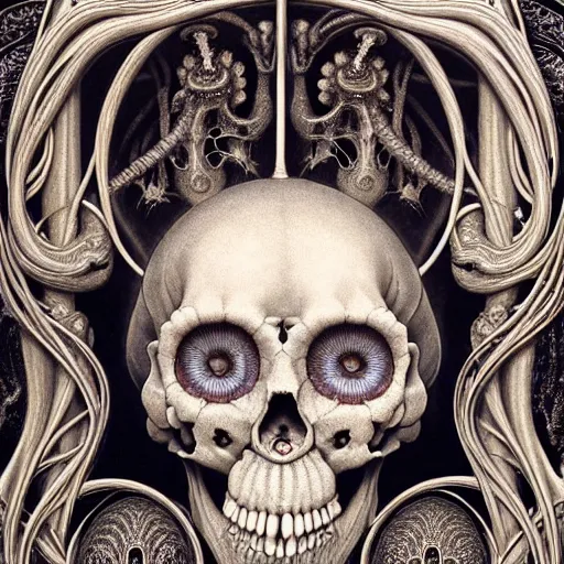 Image similar to detailed realistic beautiful porcelain calaveras portrait by jean delville, gustave dore, iris van herpen and marco mazzoni, art forms of nature by ernst haeckel, art nouveau, symbolist, visionary, gothic, neo - gothic, pre - raphaelite, fractal lace, intricate alien botanicals, ai biodiversity, surreality, hyperdetailed ultrasharp octane render