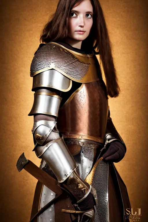 Image similar to female medieval knight, brown hair, designed by gucci, gold and luxury materials, symmetrical, cinematic, elegant, professional studio light, real dlsr photography, sharp focus, 4 k, ultra hd, sense of awe, high medieval fashion