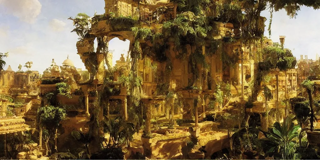 Image similar to beautiful landscape oil matte painting, of bustling empire hanging gardens of babylon, art by anders zorn, wonderful masterpiece highly detailed, beautiful cinematic light deep focus, elegant, digital painting, smooth, sharp focus, golden ratio, dramatic illumination, ultra realistic, 8 k, art by artemisia lomi gentileschi and caravaggio