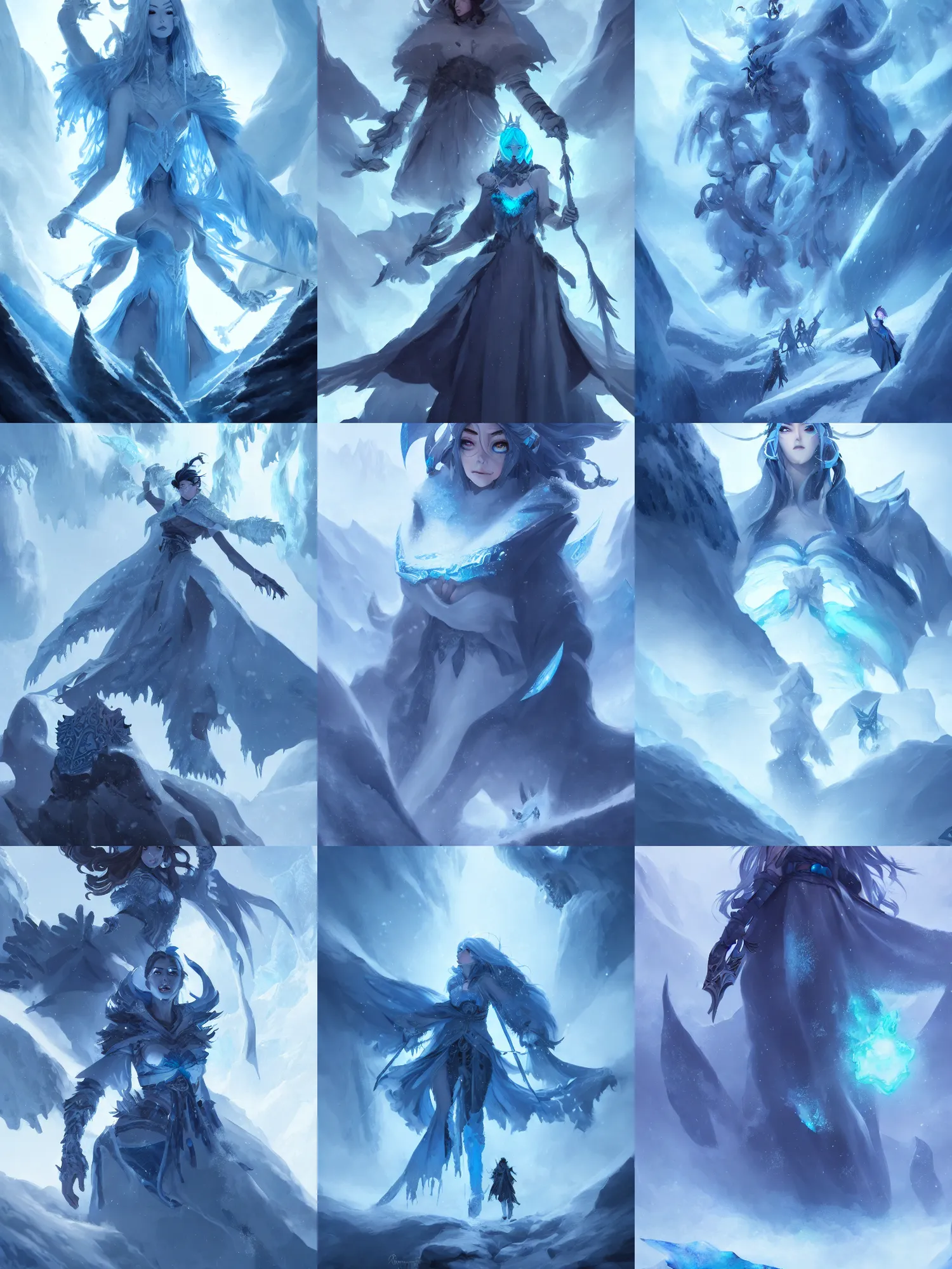 Prompt: a giant vengeful ice revenant lady looms over five adventurers, in the snow mountains, high fantasy, monochromatic blue, smooth, sharp focus, high fantasy, dnd, digital painting, by rossdraws, artstationhd