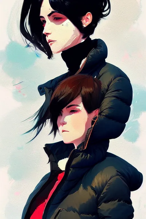 Prompt: a ultradetailed beautiful painting of a stylish woman in a puffer jacket, she has short black hair with bangs, by conrad roset, greg rutkowski and makoto shinkai trending on artstation