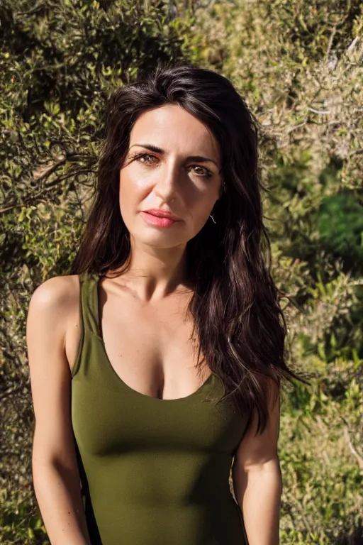 Prompt: olive skinned female model in her thirties, wearing sundress, focused on neck, photo realistic, extreme detail skin, natural beauty, joyful, no filter, slr, golden hour, 4 k, high definition, selfie