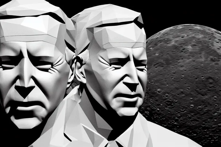 Prompt: crazy glitchy buggy stylish strange low poly render of 3 d handsome soulless lifeless joe biden on the moon, black eyes, 1 9 9 8, portrait featured on artstation, cgsociety, unreal engine, volumetric lighting, rtx on, vibrant, grainy, vhs footage still, intricately detailed, award - winning, atmospheric, ambient, symbolic, artistic