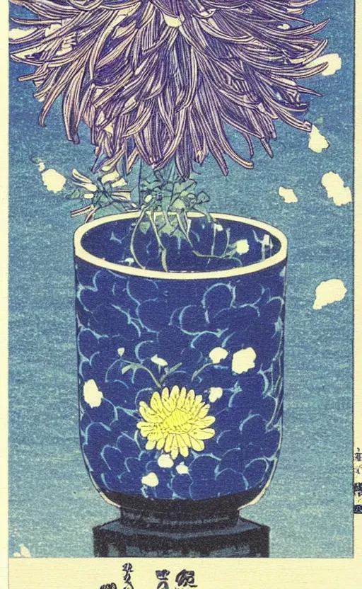 Prompt: by akio watanabe, manga art, a chrysanthemum flower inside a blue sake cup, trading card front