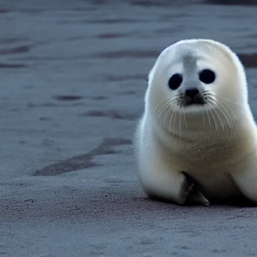 Image similar to a film still of a baby harp seal as James Bond in Skyfall