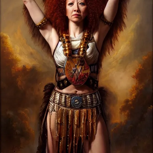 Image similar to the portrait of bonnie langford as an amazon warrior queen by roberto ferri, fantasy, witcher, very detailed oil painting, masterpiece, 8 k, full face