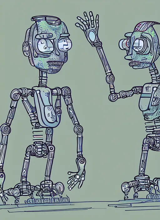 Image similar to an artificial intelligence in a robot short circuiting trying to figure how hands look, rick and morty art style illustration