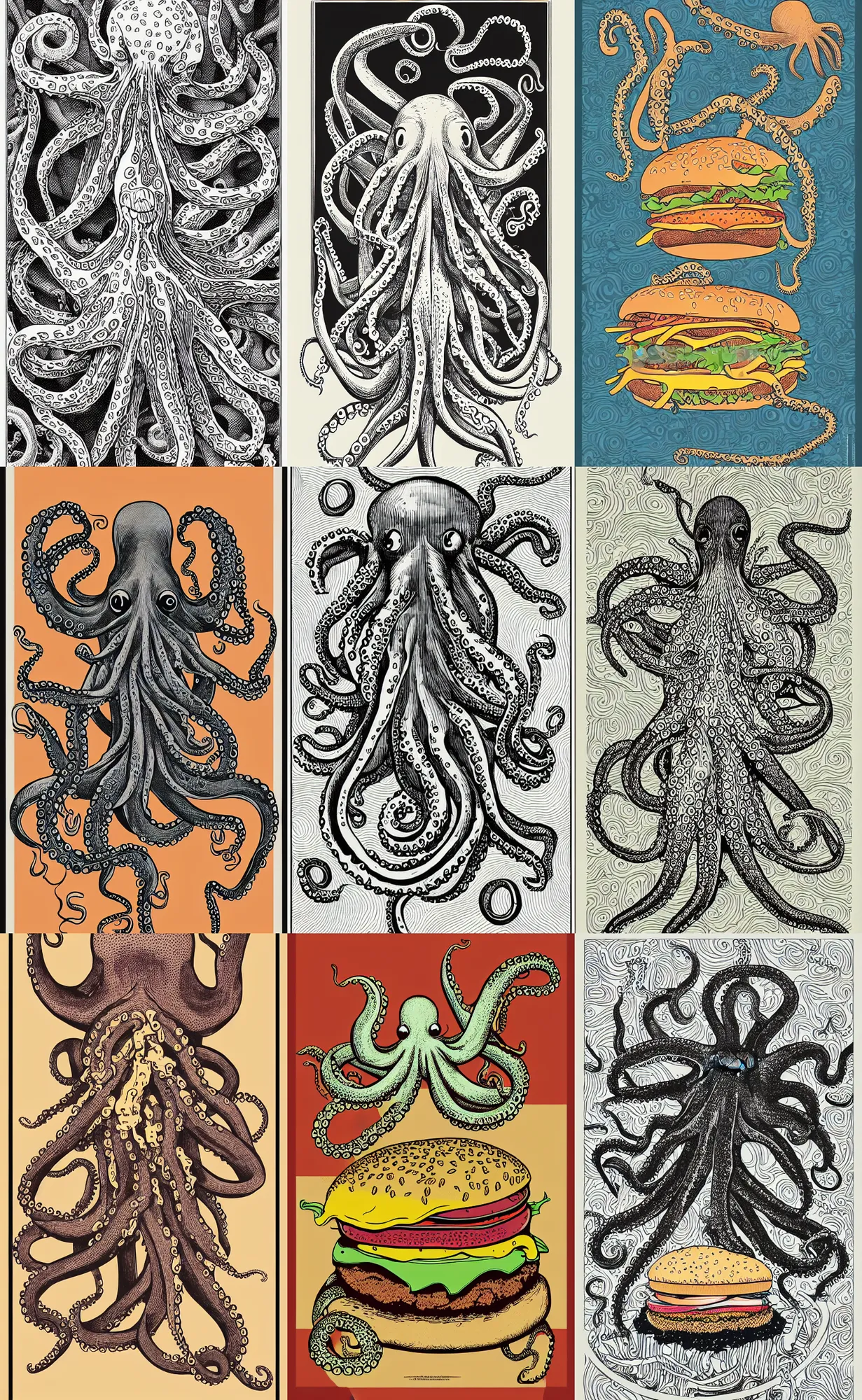 Prompt: very highly detailed illustration of octopus eating a burger, intricate, trending, silk screen poster