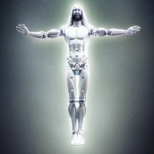 Image similar to beautiful centered fine art photo of jesus christ as a solarpunk robotic humanoid, white mechanical parts with led lights, bouguereau style pose, photorealistic, white background, highly detailed and intricate, soft box lighting, hdr 8 k