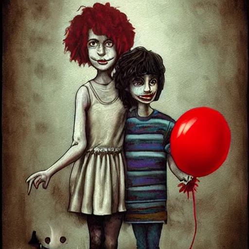 Image similar to grunge painting of stranger things with a wide smile and a red balloon by chris leib, loony toons style, pennywise style, corpse bride style, horror theme, detailed, elegant, intricate