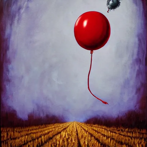 Image similar to grunge painting of a cornfield with a wide smile and a red balloon by chris leib, loony toons style, pennywise style, corpse bride style, horror theme, detailed, elegant, intricate, conceptual, volumetric light