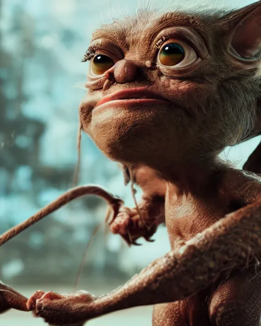 Image similar to highly detailed portrait of a movie gremlin swinging a whip, depth of field, fashion photoshoot, breathtaking, detailed and intricate environment, 8 k resolution, hyperrealistic, octane render