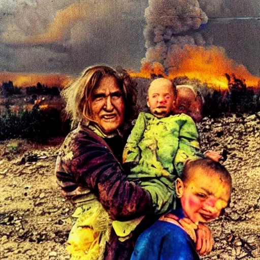 Prompt: selfie of the last surviving ukrainian with children, wild pain and damage to the body burns alive to the bone, painted in dirty yellow - blue colors, a huge nuclear explosion is approaching in the background, a very detailed photo