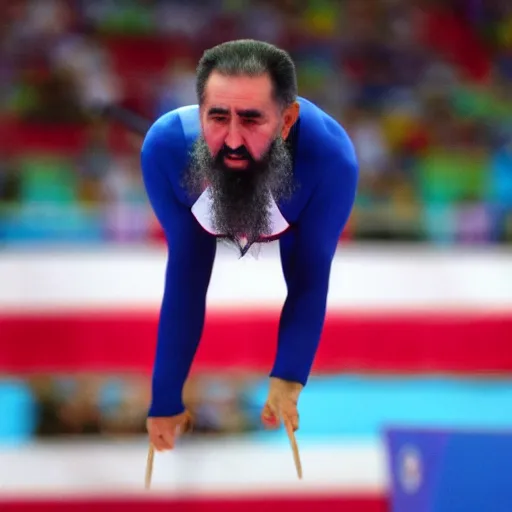 Image similar to award - winning hyper tailed promotional close - up photograph of fidel castro doing gymnastics at the olympics, tight gymnastics uniform, 8 k, 4 k, high quality, hyperdetailed