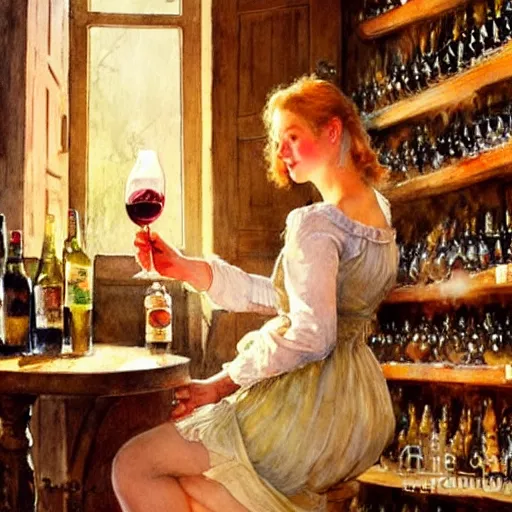 Image similar to beautiful blonde in hot dress in a wine cellar, food, pork, beer, schnapps, rustic, traditional, torches on the wall, watercolor by vladimir volegov, highly detailed, masterpiece, details by carl larsson