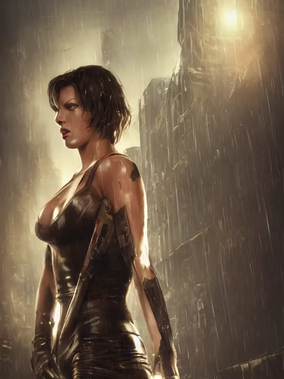 Image similar to portrait of milla jovovich from resident evil fighting in the wreckage city in the rain, by tom bagshaw, cedric peyravernay, james paick, ted nasmith, peter gric, hugh ferriss, trending on artstation, 8 k, blade runner 2 0 4 9, ultra realistic, high detail, golden ratio, cinematic lighting, maximalist