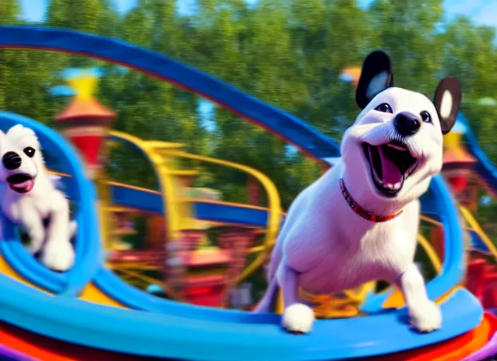 Image similar to film still of a dog riding a roller coaster in disneyland paris in the new kids movie, 8 k